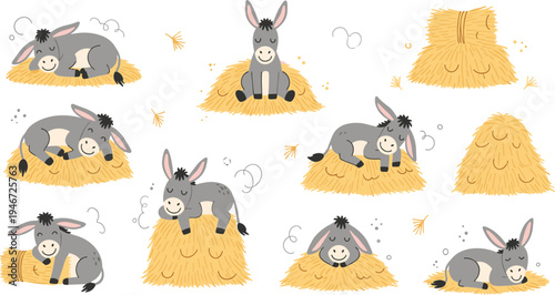 Cartoon Donkeys Resting on Hay Bales in Cute Farmyard Illustration with Playful Design Elements