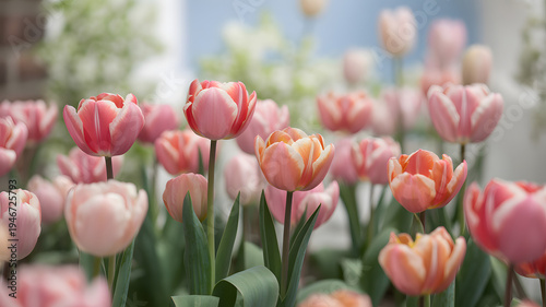 Colorful blooming tulip flowers in soft light garden with pastel tones