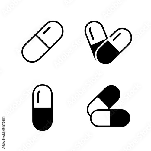 Four black and white capsule pill icons in different positions