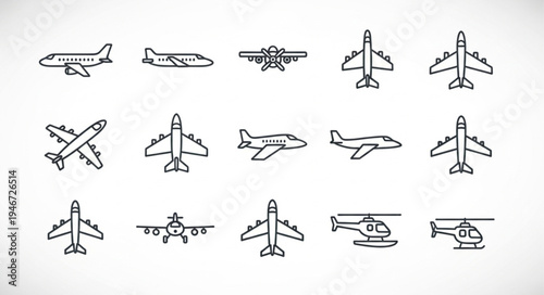 Collection of Airplane and Helicopter Icons in Line Style.