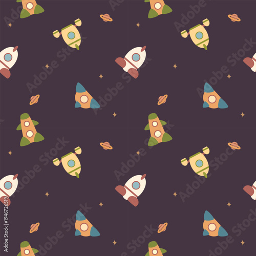 Rocket cartoon so cute. On Saturn star background. Pattern seamless vector illustration