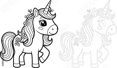 A cute cartoon unicorn standing next to a partially colored illustration