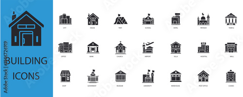 building icons set outline and Flat Style,transparent background