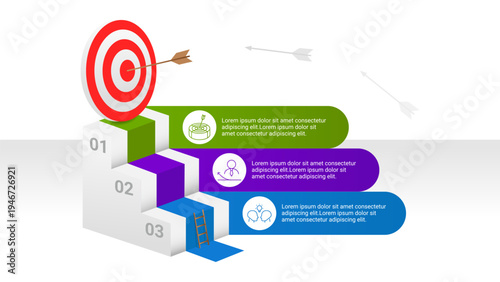 Modern business goal achievement infographic template featuring 3D stairs, a red target with an arrow in the bullseye, a small wooden ladder, and 3 colorful banners with line icons and text placeholde