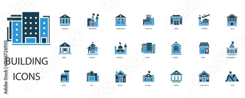 building icons set outline and Flat Style,transparent background