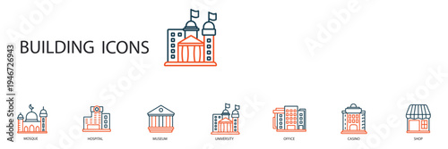 building icons set outline and Flat Style,transparent background