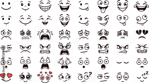 Cartoon faces. Expressive eyes and mouth, smiling, crying and surprised character face expressions. Caricature comic emotions or emoticon doodle. Isolated vector illustration icons set