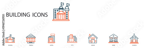 building icons set outline and Flat Style,transparent background