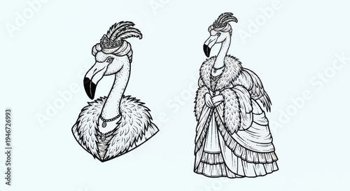 Elegant Flamingo Couple Victorian Era Fashion Illustration.