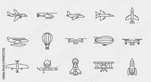 Collection of Hand-Drawn Aviation Icons - Planes, Balloons, Drones, and Rockets.