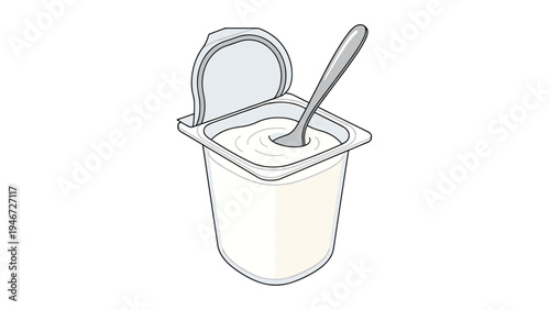 Plastic yogurt cup with a silver lid pulled back and a spoon dipped into the creamy white snack inside the container.