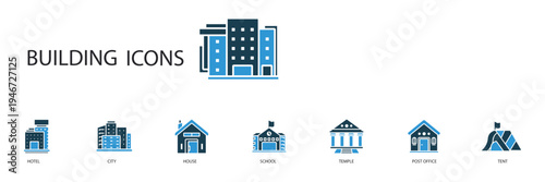 building icons set outline and Flat Style,transparent background