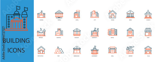 building icons set outline and Flat Style,transparent background