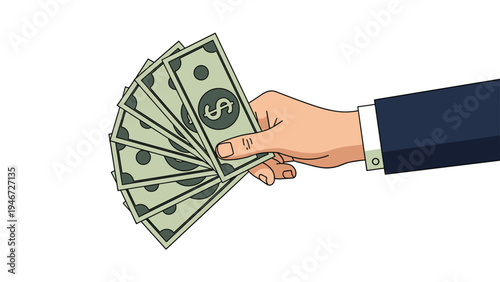 Business professional wearing a dark blue suit holding a fan of five green US dollar bills against a white background.
