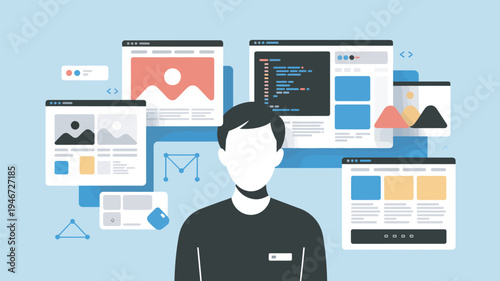 A man surrounded by various web pages and coding elements on a light blue background, representing web development and design.