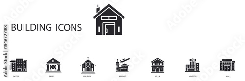 building icons set outline and Flat Style,transparent background