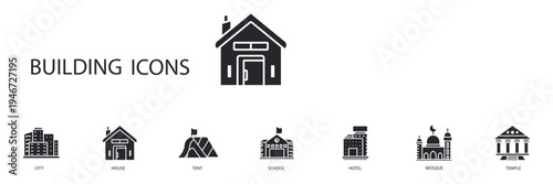 building icons set outline and Flat Style,transparent background