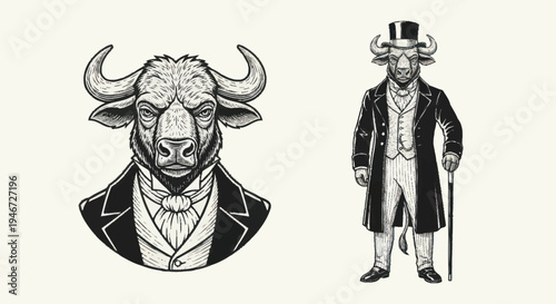 Anthropomorphic Bull Character in Formal Attire.