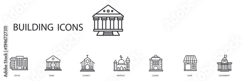 building icons set outline and Flat Style,transparent background