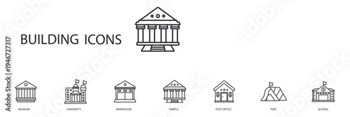 building icons set outline and Flat Style,transparent background