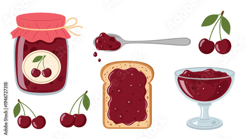 Collection of cherry jam items includes a glass jar, a spoonful of preserves, a slice of toast, and fresh red berries.