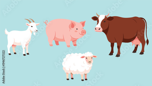 Group of four friendly domestic farm animals featuring a white goat, a pink pig, a brown cow, and a fluffy sheep.