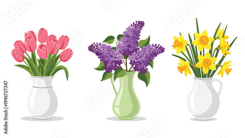 Three elegant vases hold vibrant bouquets of pink tulips, purple lilacs, and bright yellow daffodils on a white background.