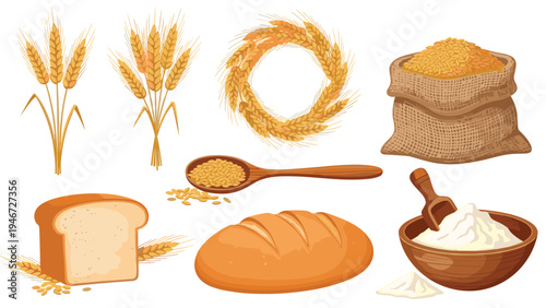 Assorted bakery items include loaves of bread, stalks of wheat, a bag of grain, and a bowl of flour with a scoop.