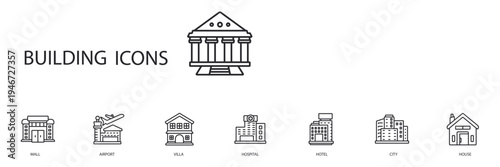 building icons set outline and Flat Style,transparent background