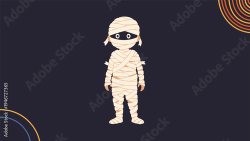 Spooky but cute cartoon illustration of a mummy character wrapped in beige bandages against a dark blue background.
