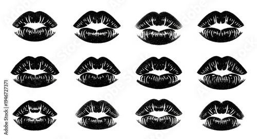 Black lipstick kiss marks arranged in a grid pattern.