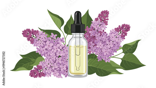 Small glass dropper bottle containing essential lilac oil sits in front of a blooming purple lilac bush with green leaves.