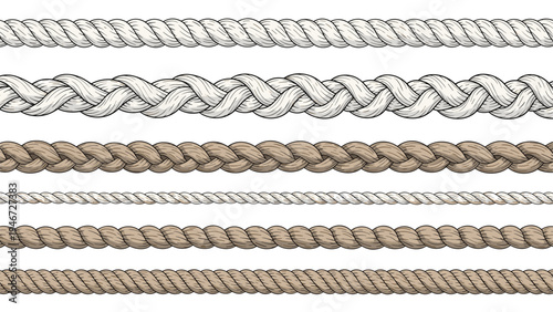 Six horizontal variations of nautical and industrial ropes show different thicknesses, colors, and braided or twisted patterns.