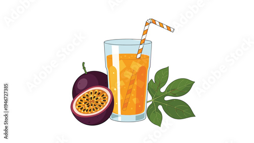Refreshing glass of orange passion fruit juice with ice and a straw sits next to a whole fruit, a half, and a leaf.