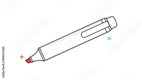 Sleek white highlighter pen with a bright red tip and cap is shown diagonally with small decorative plus signs.
