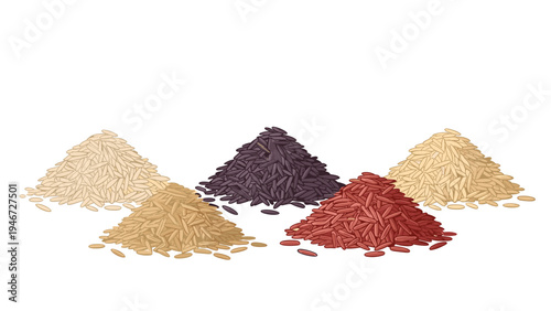 Set of five distinct mounds of rice varieties including white, brown, red, black, and jasmine grains are showcased for culinary diversity.
