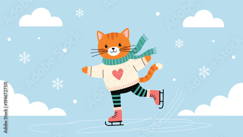 Adorable orange striped cat wearing a warm sweater and scarf is happily ice skating on a frozen pond surrounded by soft white snowflakes.