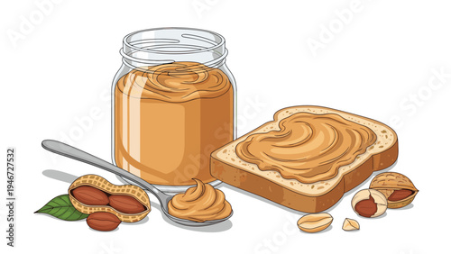 Delicious peanut butter shown in a glass jar, spread on a slice of whole grain bread, and accompanied by whole and shelled peanuts.