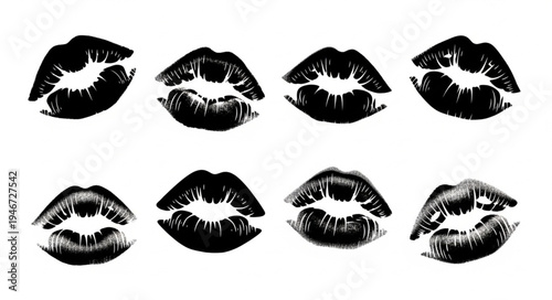 Eight Black Lipstick Kiss Marks on White Background.