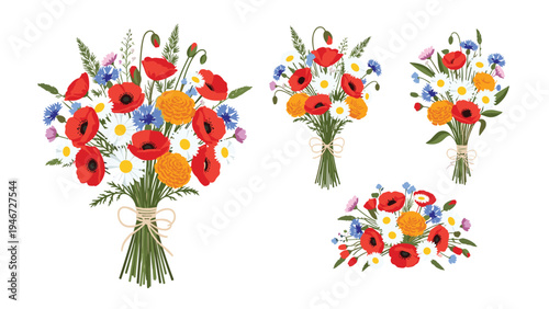 Collection of four charming wildflower bouquets featuring red poppies, white daisies, yellow ranunculus, and blue cornflowers tied with twine.