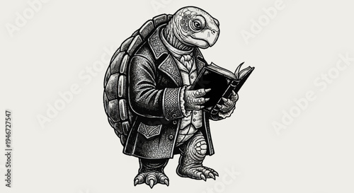Anthropomorphic Turtle Dressed in Formal Attire Reading a Book.