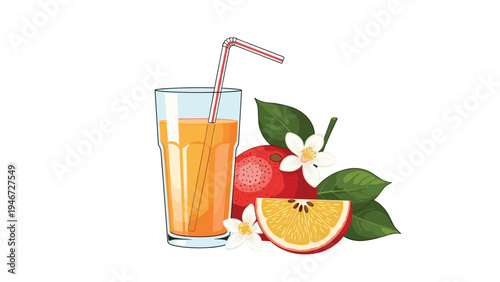 Refreshing glass of orange juice with a straw stands next to a whole orange fruit, a slice, and delicate white citrus blossoms.