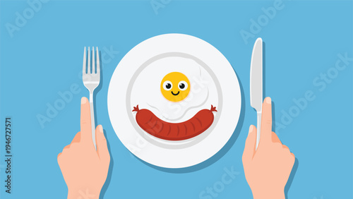 Creative breakfast plate with a fried egg and sausage arranged into a happy face held by two hands with a fork and knife.