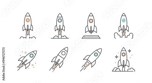 Rocket Launch Icons Set Space Exploration Startup Innovation Vector Illustration