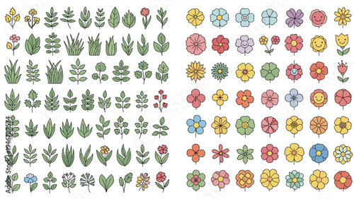 Massive collection of colorful and stylized floral icons featuring various flower heads, leaves, and plants in a neat grid arrangement.