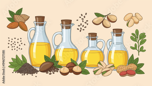 Assortment of healthy vegetable oils in glass bottles surrounded by almonds, macadamia, pistachios, peanuts, and seeds.