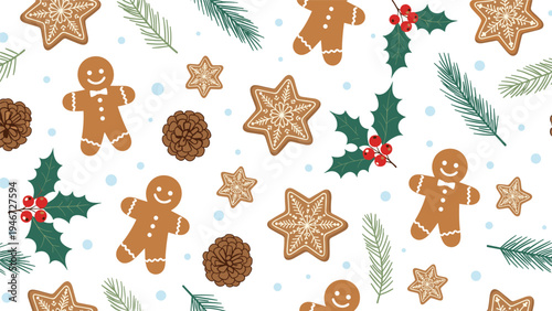 Festive seamless pattern with gingerbread men, stars, pine cones, and holly berries on a white background for holiday design.
