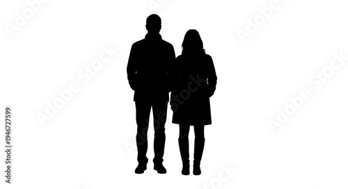 Silhouette of a couple walking together on a white background.