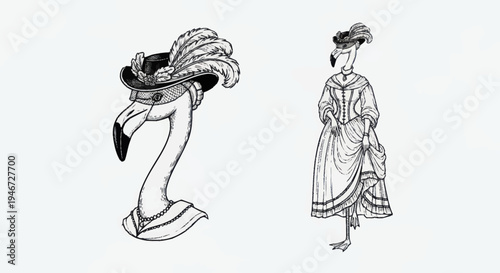 Vintage Flamingo Fashion Illustrations.