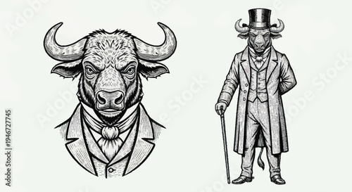 Anthropomorphic Bull Character in Formal Attire.